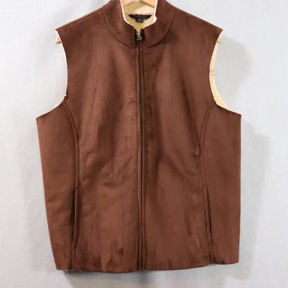 Lands End Faux Suede Sherpa Vest Women’s XL Petite 18-20 Brown Lined Full Zip - Picture 11 of 16